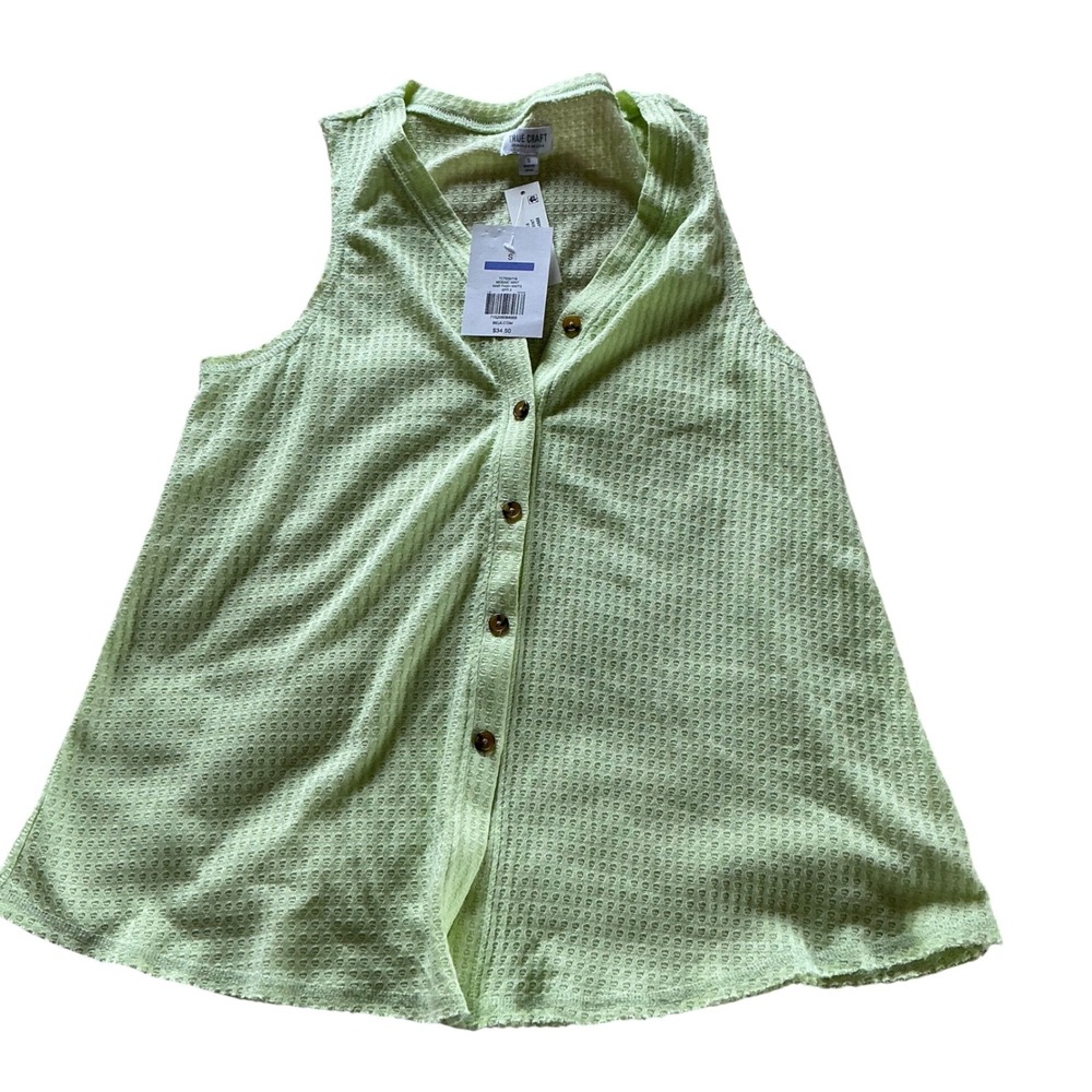 True Craft Womens Waffle Knit Sleeveless Button Front Top Mosaic Mint‎